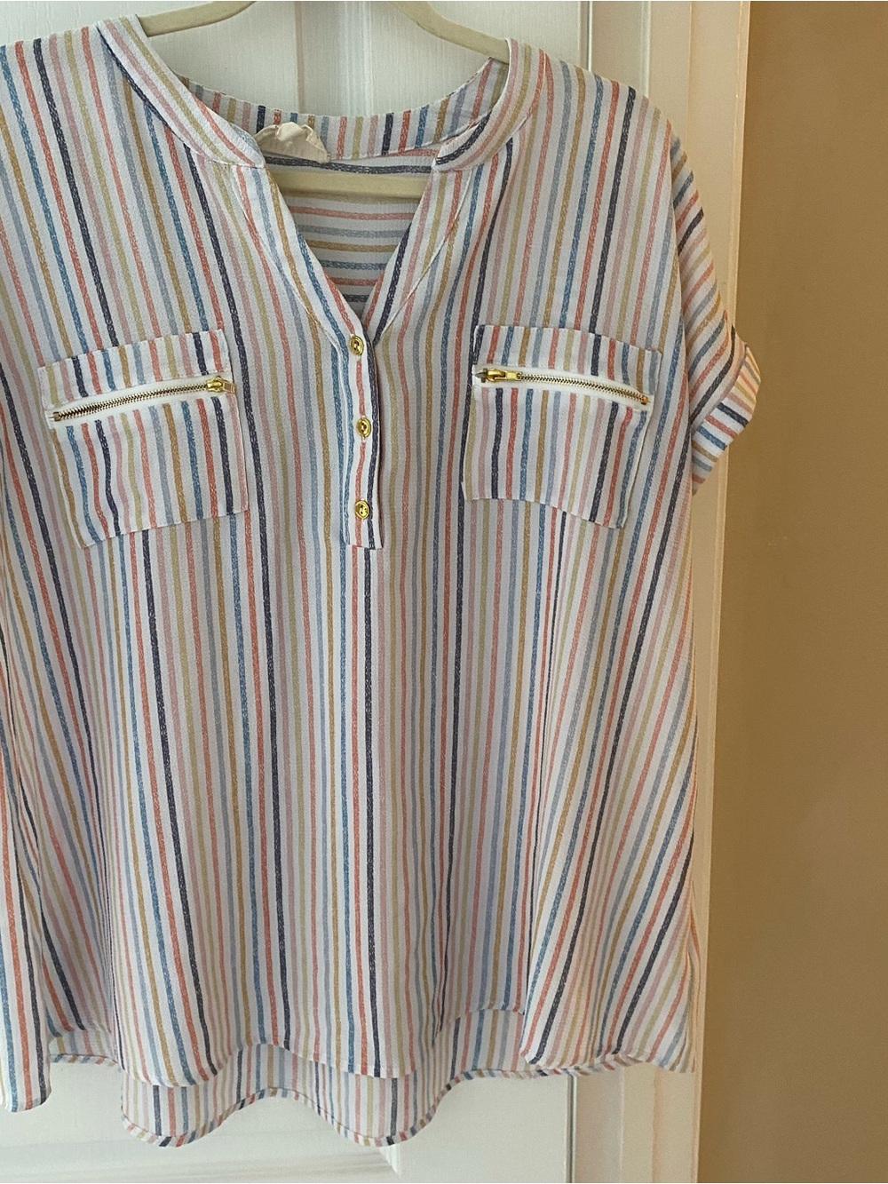 Striped Multicolor Button Henley Top - Women